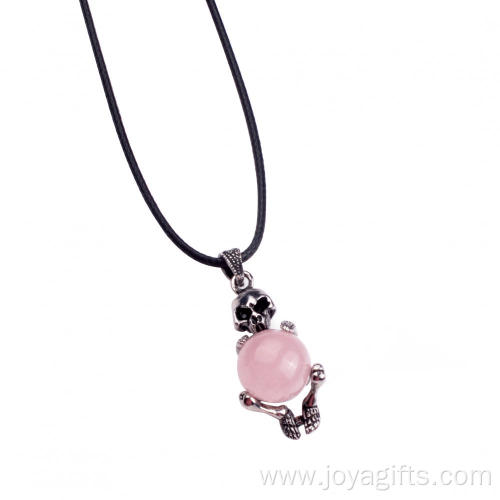 Natural Rose Quartz Silver Skull Pendant Necklace